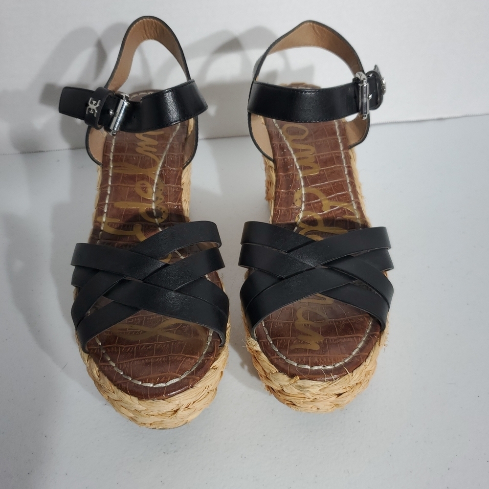 Sam Edelman Size 6 Black Open Toe Ankle Strap Wedge Sandals